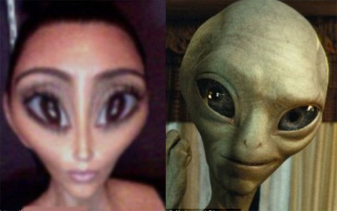 Khuôn mặt Kim Kardashian sau khi bóp méo và khuôn mặt tưởng tượng về người ngoài hành tinh giống hệt nhau. Hình ảnh của Kim khiến nhiều fan thích thú.