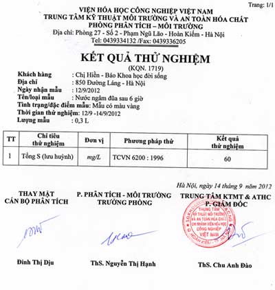 Kết quả mẫu đũa do phóng viên xét nghiệm tại Viện Hóa học Công nghiệp Việt